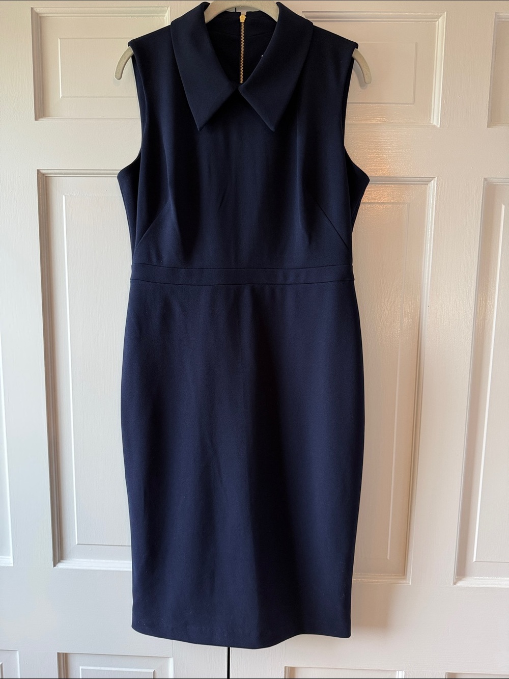 CALVIN KLEIN Sleeveless Navy Blue Sheath Dress with Peter Pointed Collar 12 Work